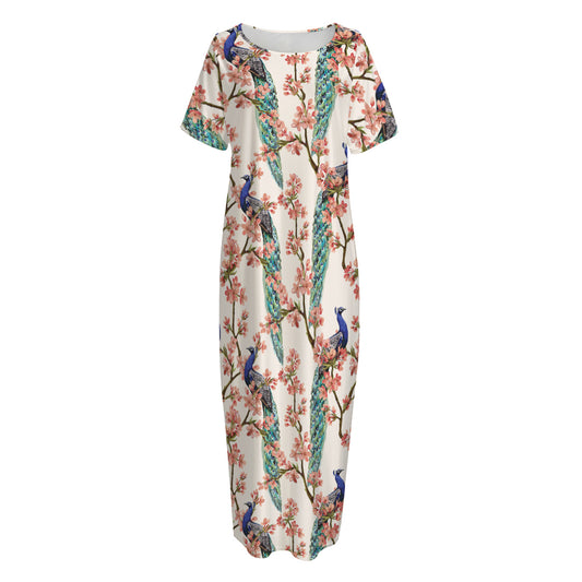 Cherry Blossom Peacock Print Short Sleeve Long Nightdress