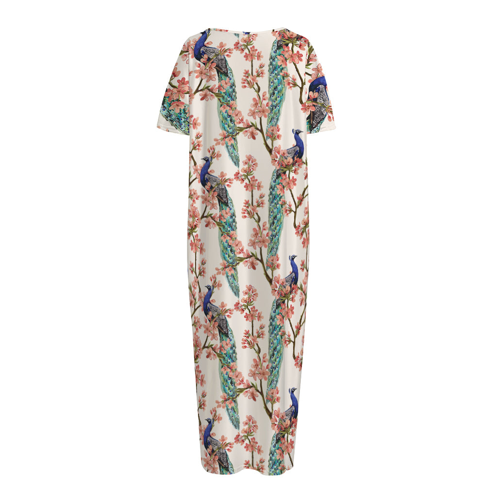 Cherry Blossom Peacock Print Short Sleeve Long Nightdress