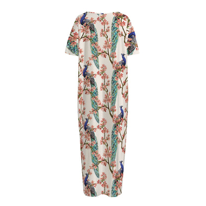 Cherry Blossom Peacock Print Short Sleeve Long Nightdress