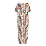 Cherry Blossom Peacock Print Short Sleeve Long Nightdress