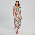 Cherry Blossom Peacock Print Short Sleeve Maxi Dress