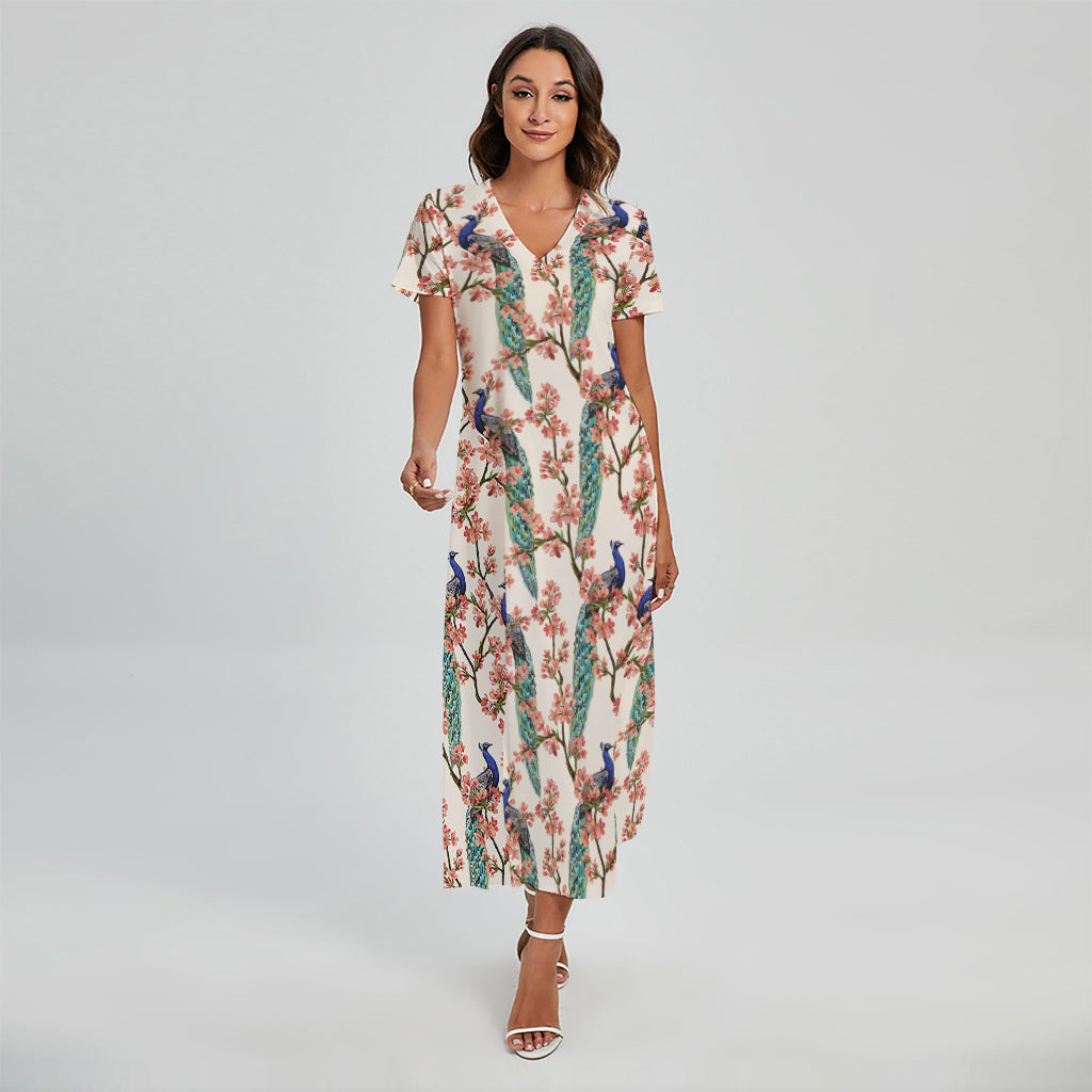 Cherry Blossom Peacock Print Short Sleeve Maxi Dress