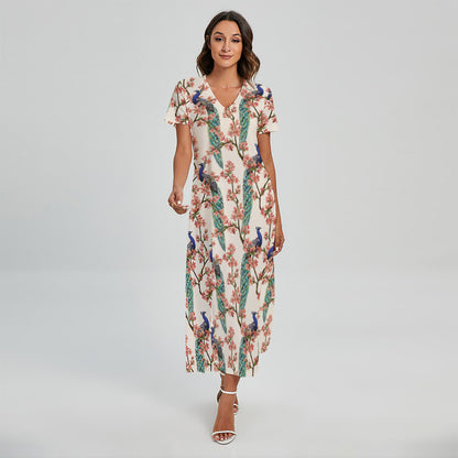 Cherry Blossom Peacock Print Short Sleeve Maxi Dress
