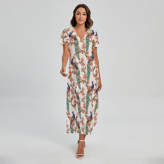 Cherry Blossom Peacock Print Short Sleeve Maxi Dress