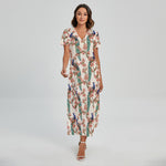 Cherry Blossom Peacock Print Short Sleeve Maxi Dress