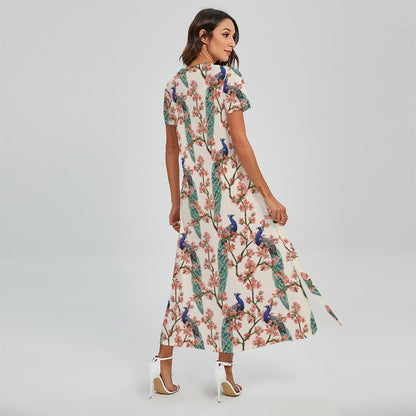 Cherry Blossom Peacock Print Short Sleeve Maxi Dress