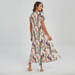 Cherry Blossom Peacock Print Short Sleeve Maxi Dress