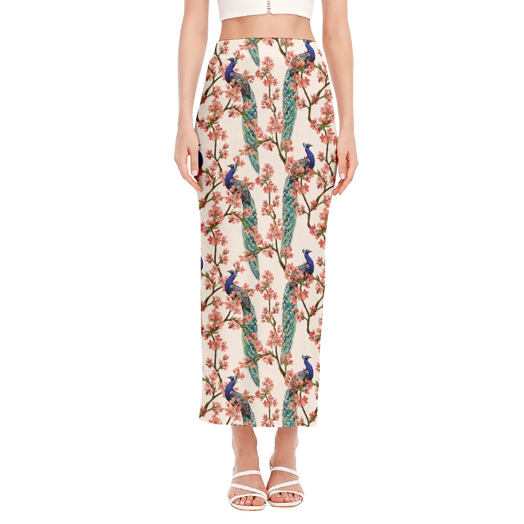 Cherry Blossom Peacock Print Side Slit Maxi Skirt