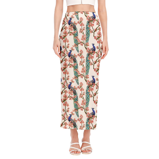 Cherry Blossom Peacock Print Side Slit Maxi Skirt