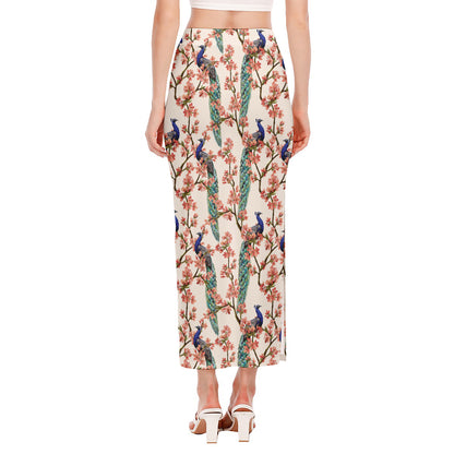 Cherry Blossom Peacock Print Side Slit Maxi Skirt