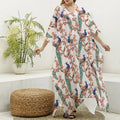 Cherry Blossom Peacock Print Silk V-Neck Kaftan Dress