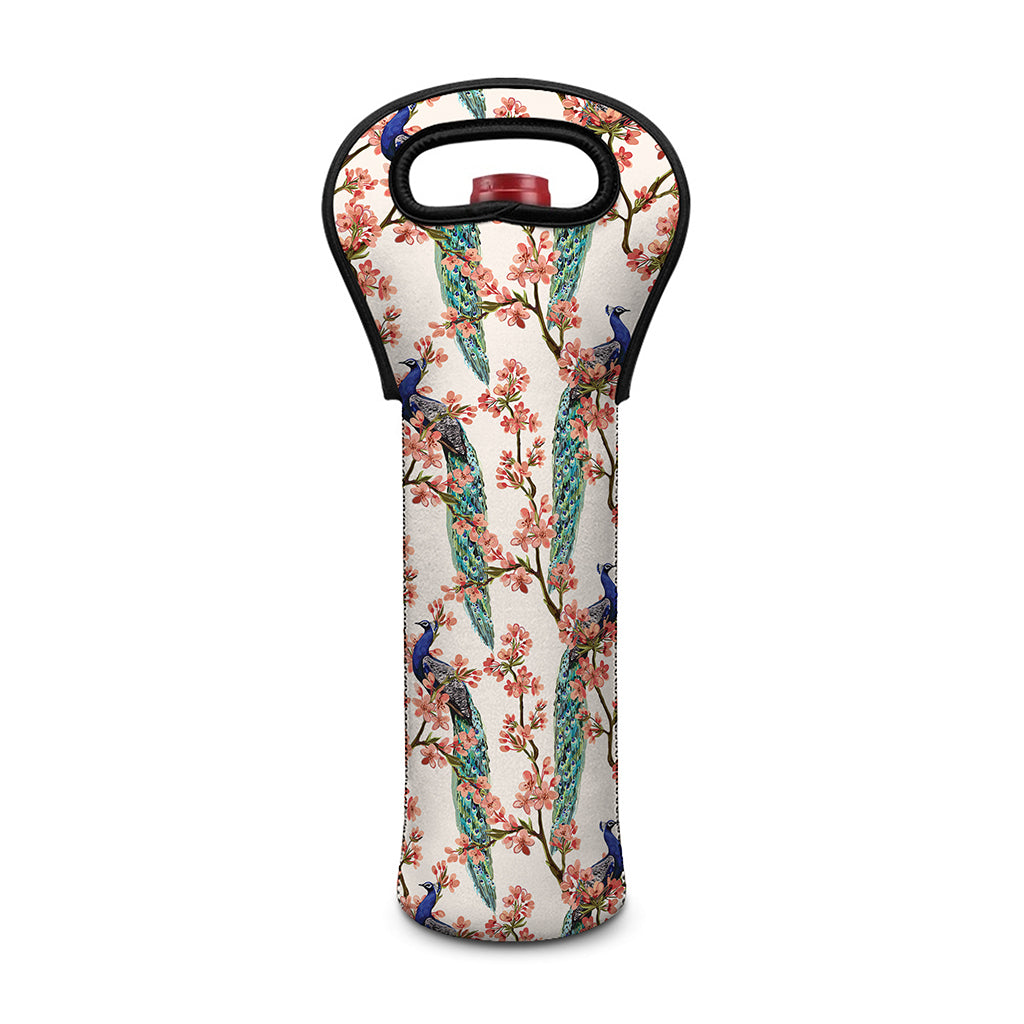 Cherry Blossom Peacock Print Single Neoprene Wine Tote