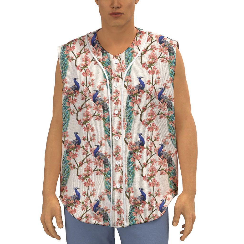 Cherry Blossom Peacock Print Sleeveless Baseball Jersey