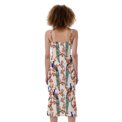Cherry Blossom Peacock Print Slim Fit Midi Cami Dress