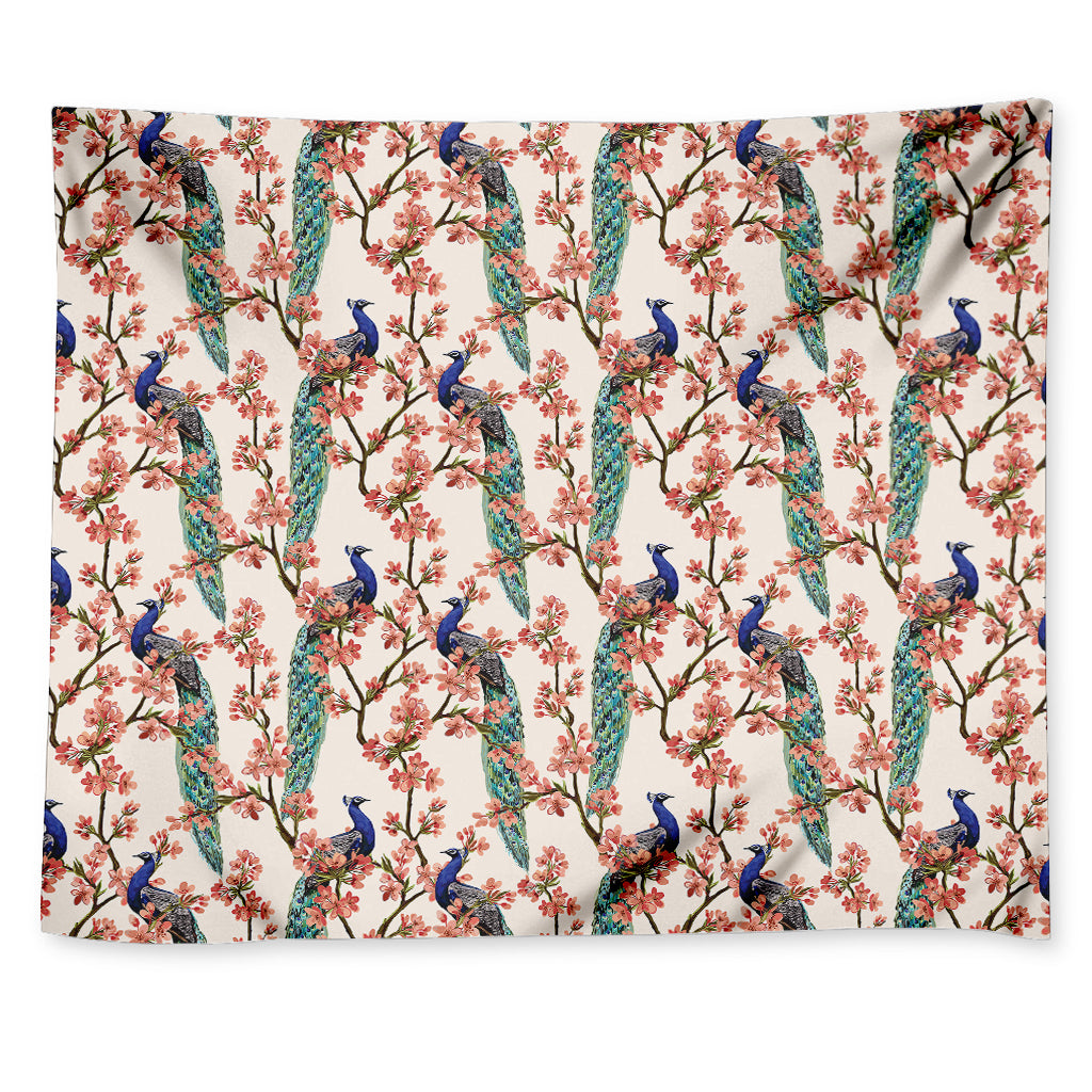 Cherry Blossom Peacock Print Tapestry