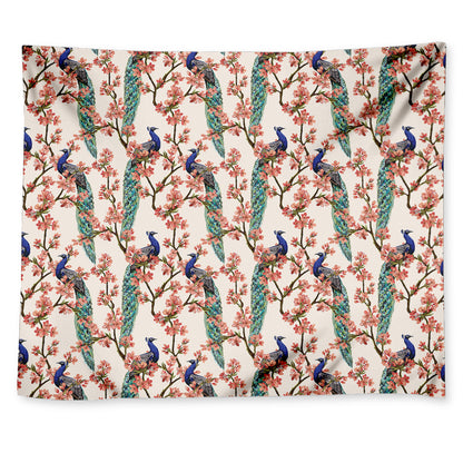 Cherry Blossom Peacock Print Tapestry