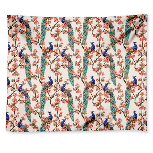 Cherry Blossom Peacock Print Tapestry