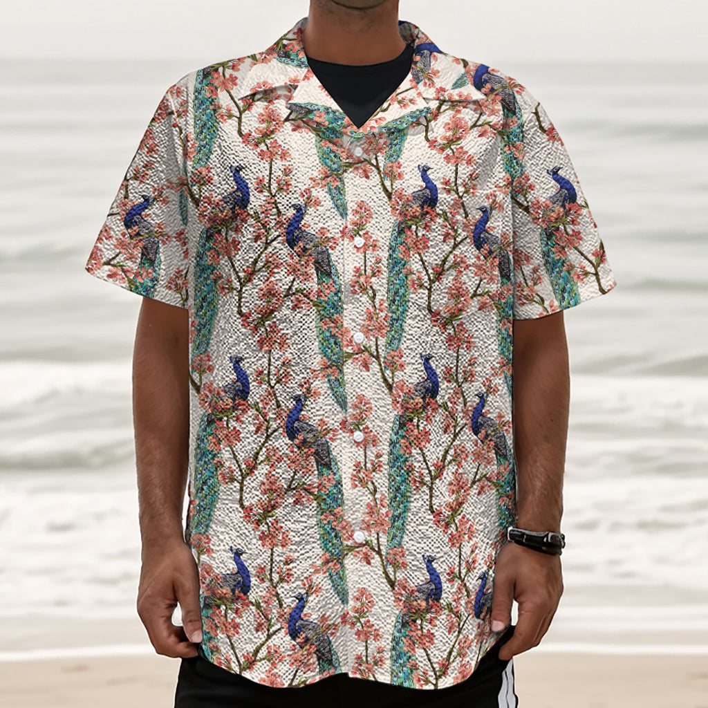 Cherry Blossom Peacock Print Textured Short Sleeve Shirt