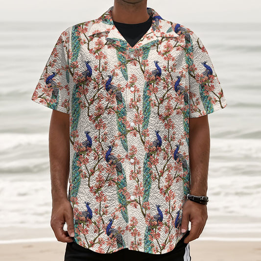 Cherry Blossom Peacock Print Textured Short Sleeve Shirt