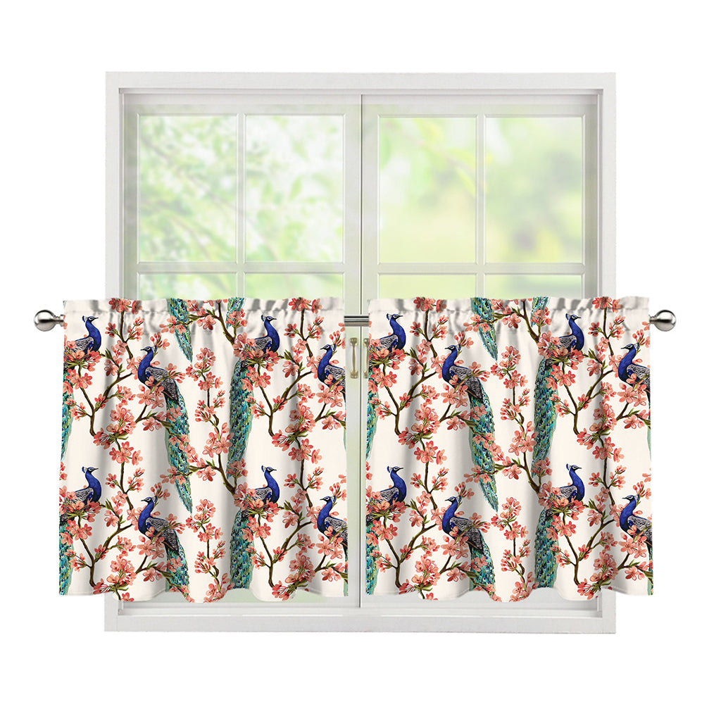 Cherry Blossom Peacock Print Tier Curtains