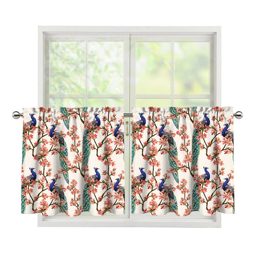 Cherry Blossom Peacock Print Tier Curtains