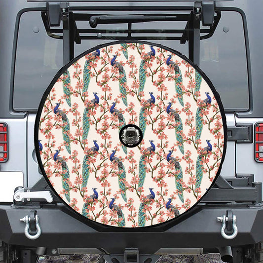 Cherry Blossom Peacock Print Tire Cover With Camera Hole
