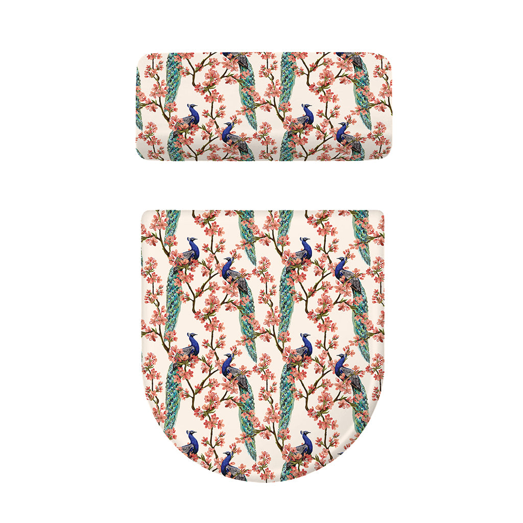 Cherry Blossom Peacock Print Toilet Lid And Tank Cover Set
