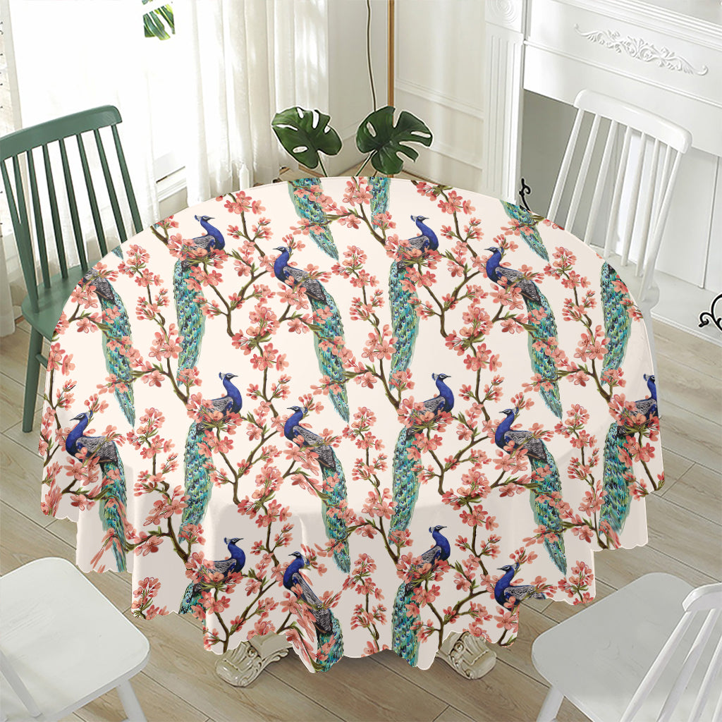Cherry Blossom Peacock Print Waterproof Round Tablecloth
