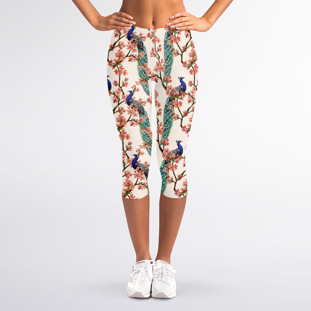 Cherry Blossom Peacock Print Women's Capri Leggings