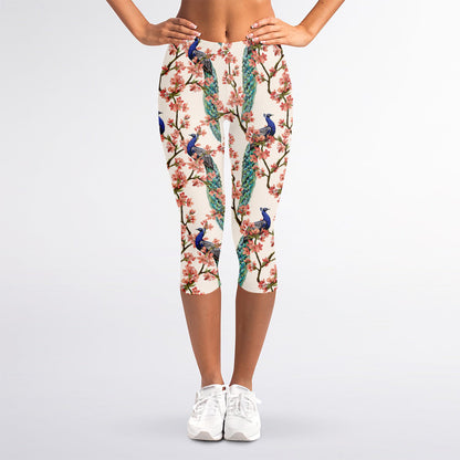 Cherry Blossom Peacock Print Women's Capri Leggings