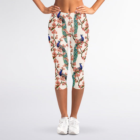 Cherry Blossom Peacock Print Women's Capri Leggings