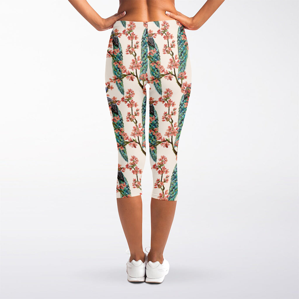 Cherry Blossom Peacock Print Women's Capri Leggings