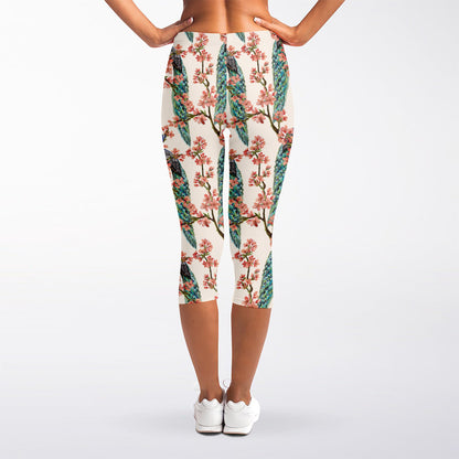 Cherry Blossom Peacock Print Women's Capri Leggings
