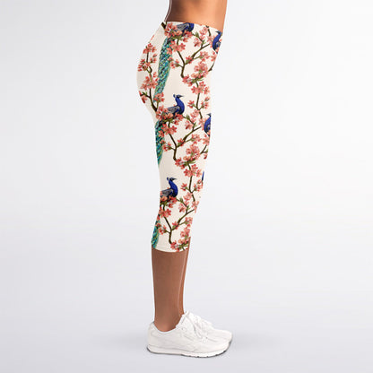 Cherry Blossom Peacock Print Women's Capri Leggings