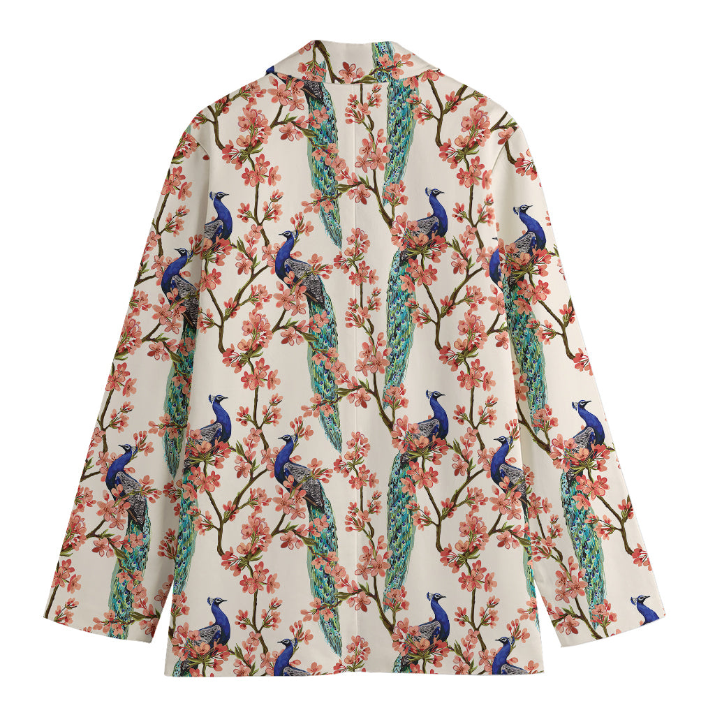 Cherry Blossom Peacock Print Women's Cotton Blazer