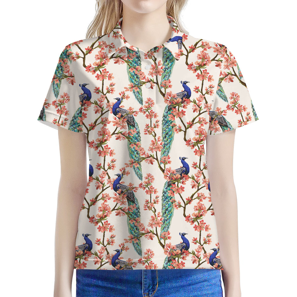 Cherry Blossom Peacock Print Women's Polo Shirt