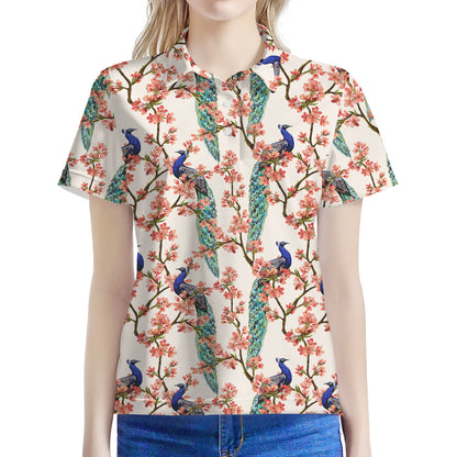 Cherry Blossom Peacock Print Women's Polo Shirt