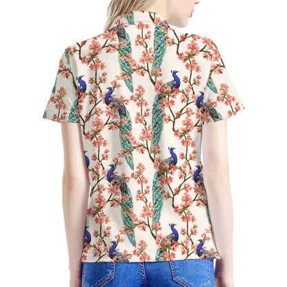 Cherry Blossom Peacock Print Women's Polo Shirt
