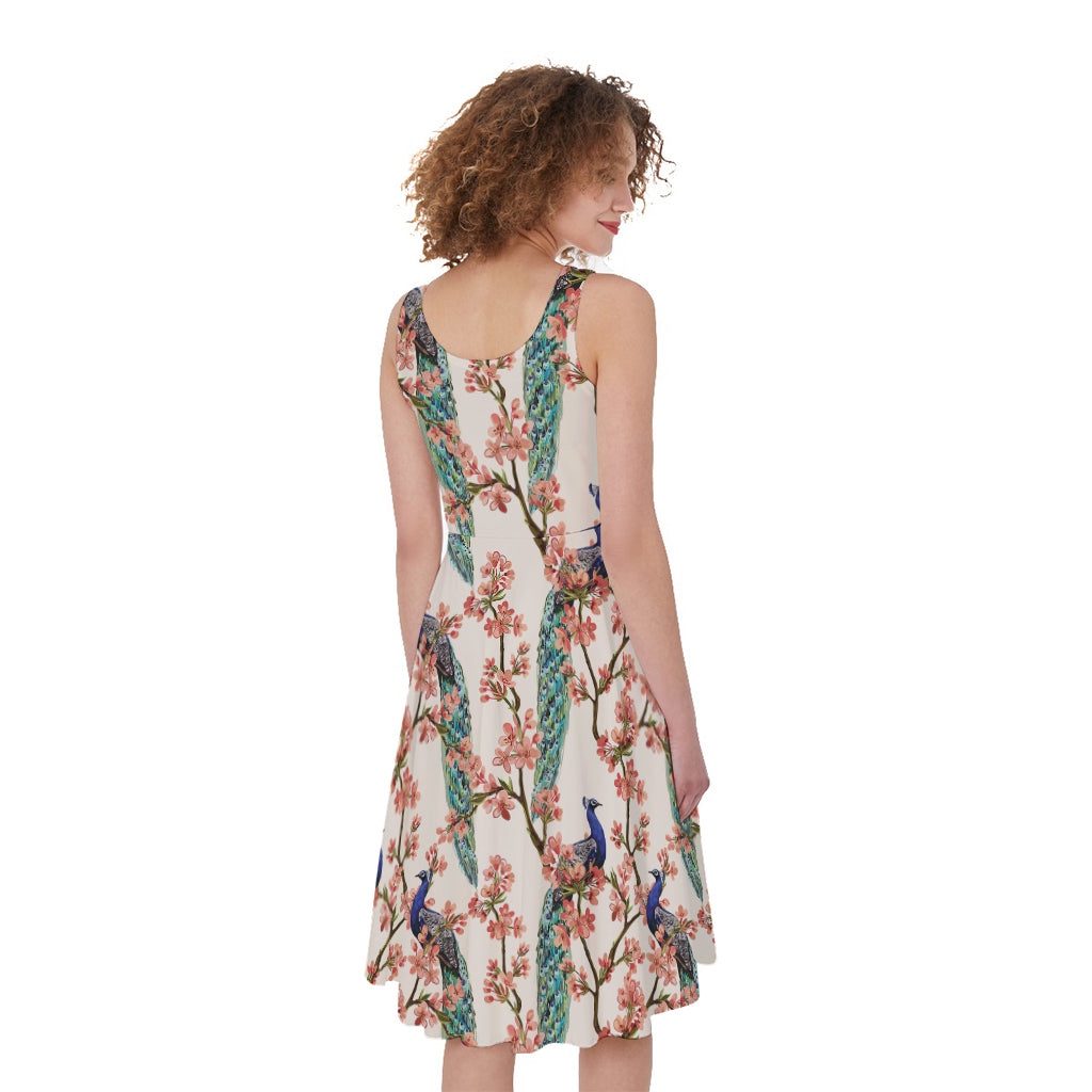 Cherry Blossom Peacock Print Women's Sleeveless Dress