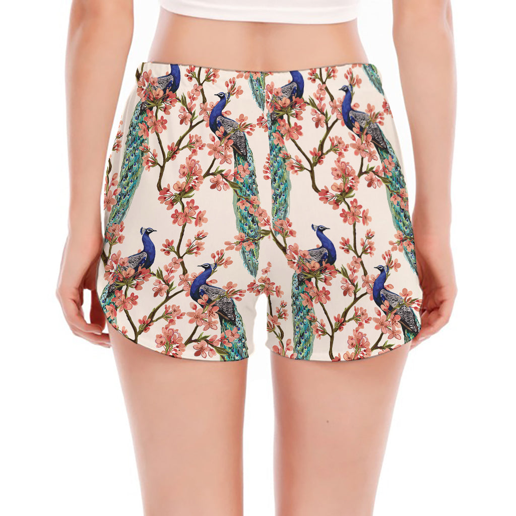 Cherry Blossom Peacock Print Women's Split Running Shorts