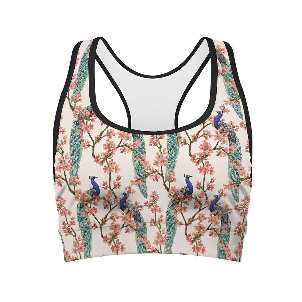 Cherry Blossom Peacock Print Women's Sports Bra