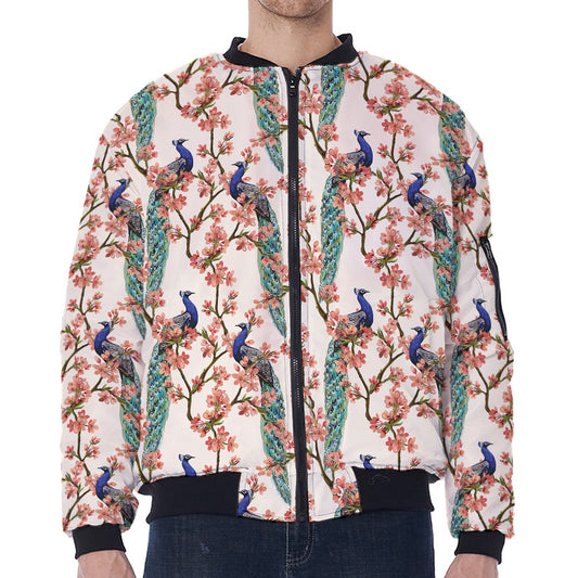 Cherry Blossom Peacock Print Zip Sleeve Bomber Jacket