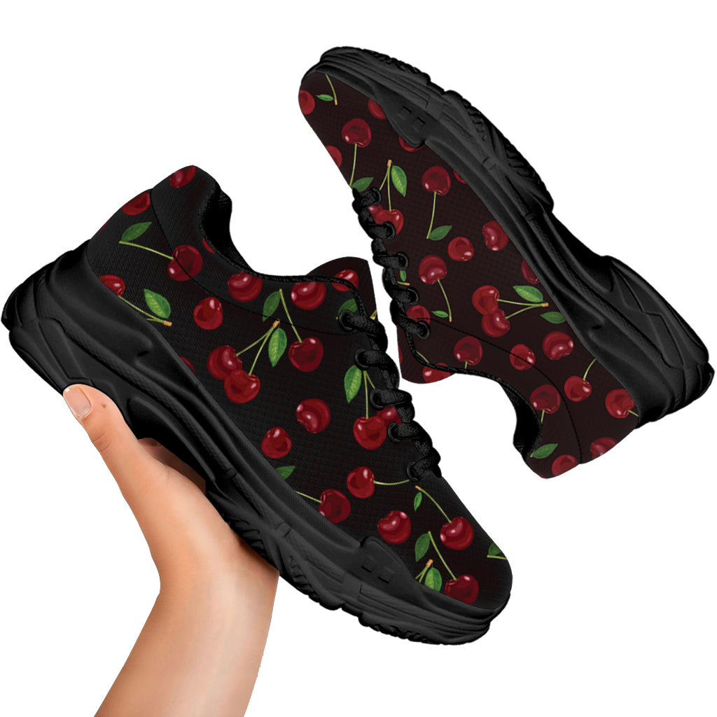 Cherry Fruit Pattern Print Black Chunky Shoes
