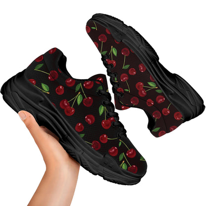 Cherry Fruit Pattern Print Black Chunky Shoes