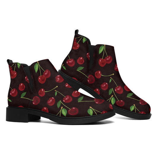 Cherry Fruit Pattern Print Flat Ankle Boots