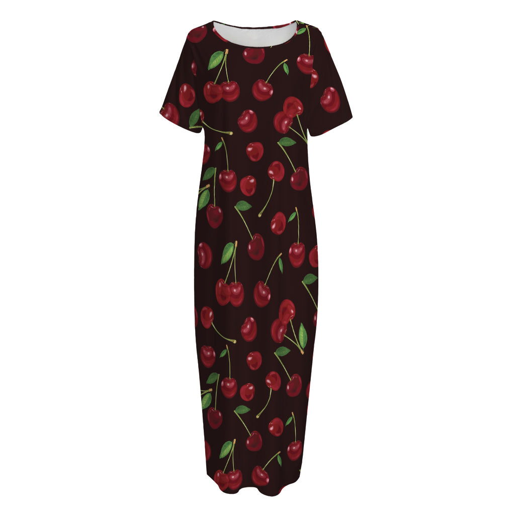 Cherry Fruit Pattern Print Short Sleeve Long Nightdress