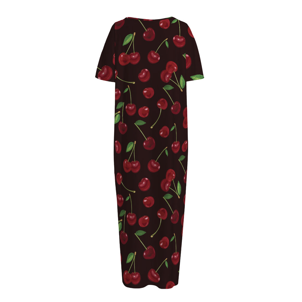 Cherry Fruit Pattern Print Short Sleeve Long Nightdress