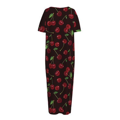 Cherry Fruit Pattern Print Short Sleeve Long Nightdress