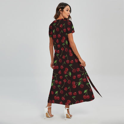 Cherry Fruit Pattern Print Short Sleeve Maxi Dress