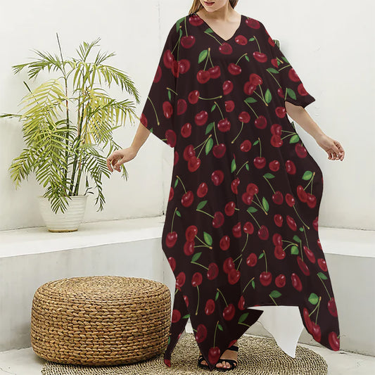Cherry Fruit Pattern Print Silk V-Neck Kaftan Dress